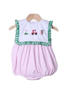 Pink & Green Gingham Trim Baby Romper